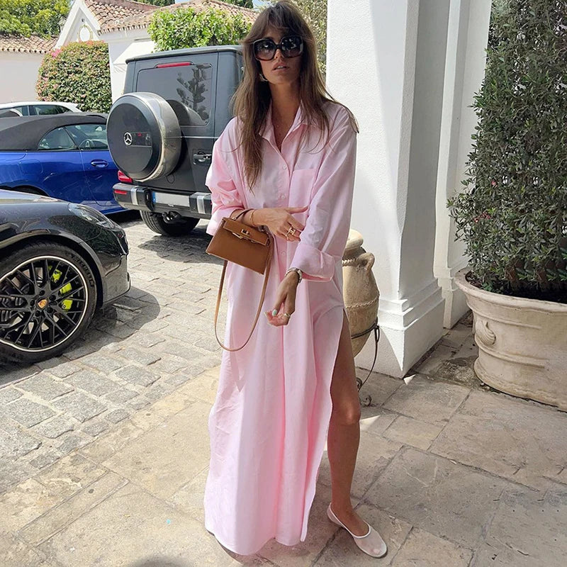 Long Sleeve Loose Single Breasted Slit Maxi Dress