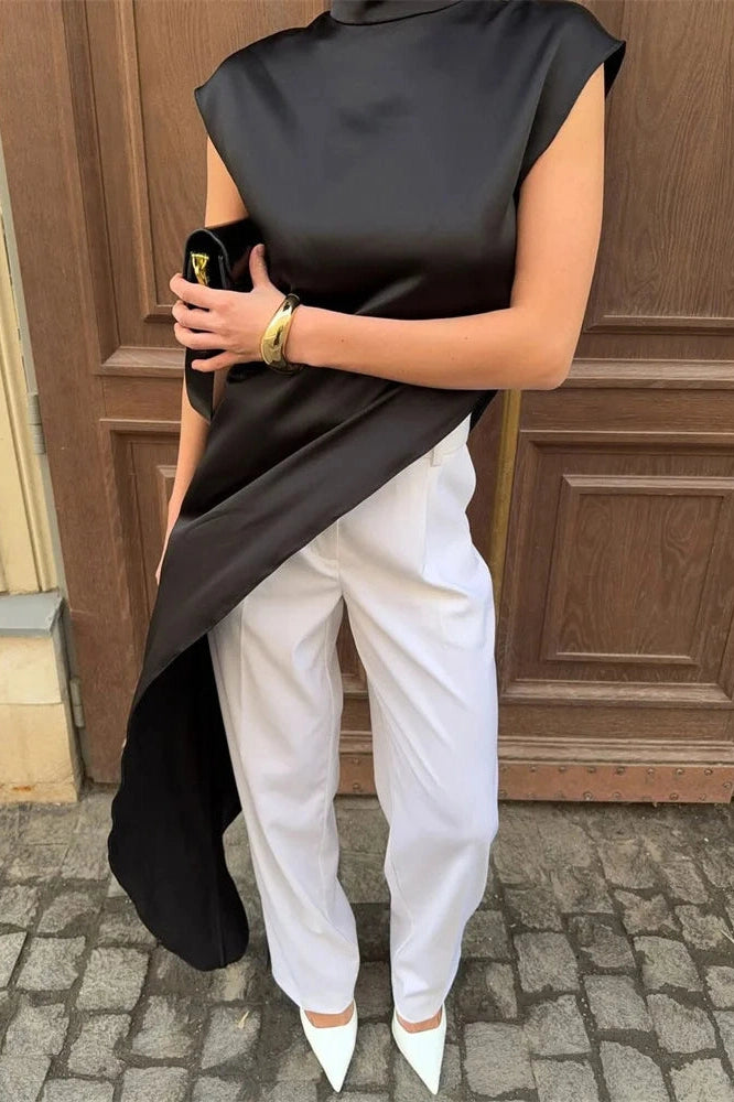 Glorol - Sleeveless Turtleneck Patchwork Slim Midi Dress