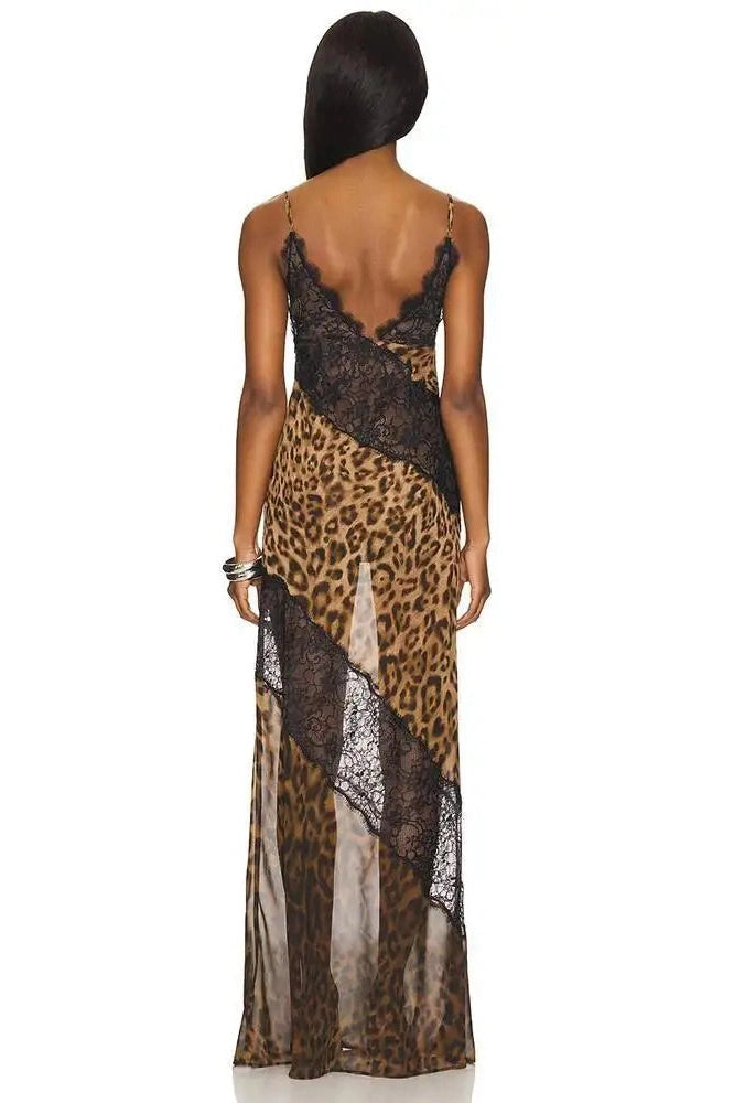 Glorol - Printed Spaghetti Strap Patchwork See Through Sleeveless Maxi Dress