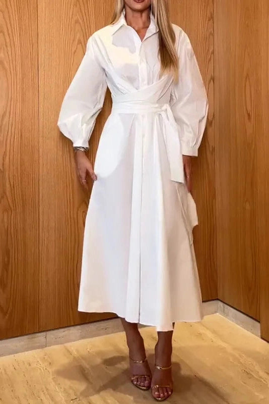 Glorol - Elegant Single Breasted Long Sleeve Tie-Up Midi Dress