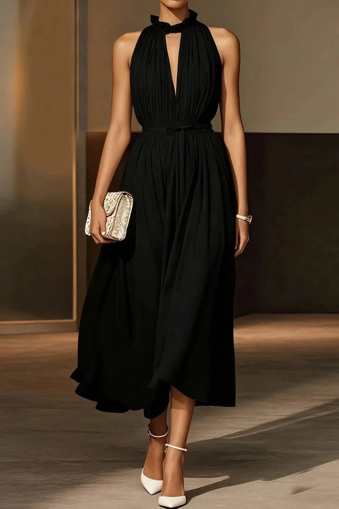 Glorol - Elegant Off-Shoulder Sleeveless High Waist Backless Pleated Midi Dress