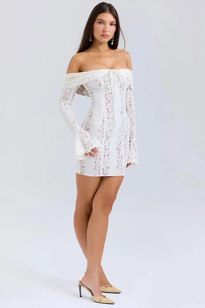Glorol - Off-shoulder Strapless Long Sleeve Lace Backless Mini Dress