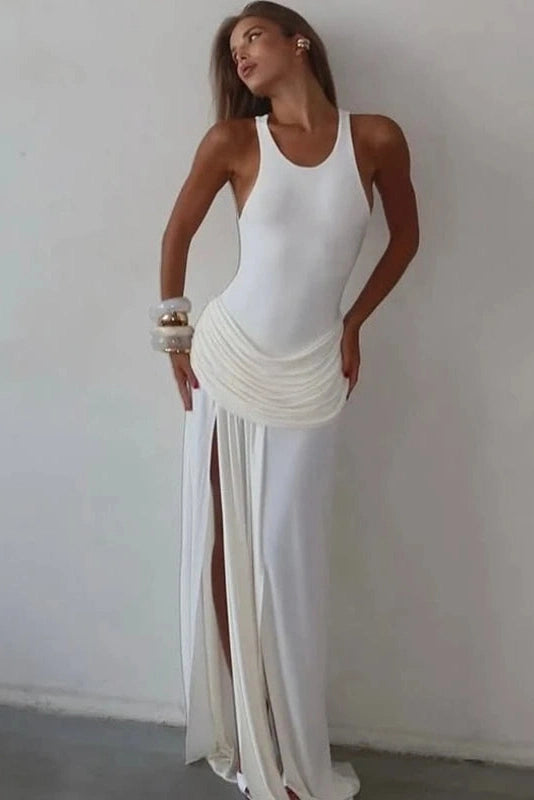 Glorol - Elegant Slit Pleated Sleeveless Slim High Waist Patchwork Maxi Dress