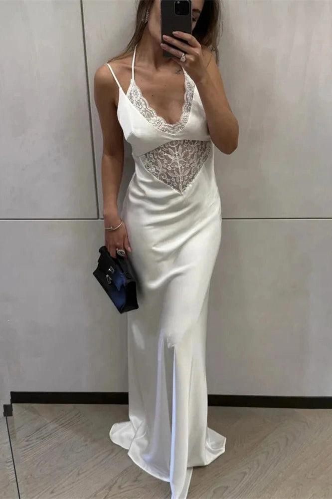 Glorol - Hollow Out Lace Backless Slim V-Neck Maxi Dress