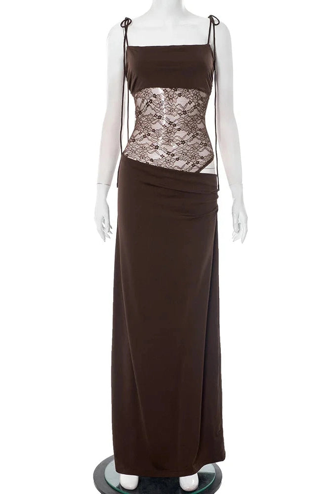 Glorol - Hollow Out Lace Spaghetti Strap Lace Up Waist Slim Sleeveless Maxi Dress