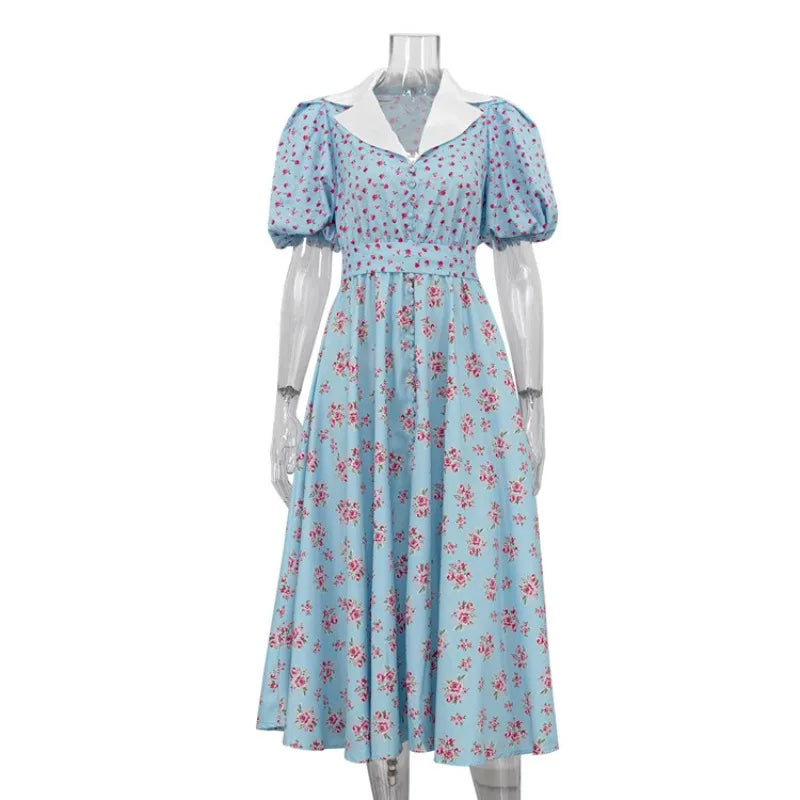 Glorol - Printed V Neck High Waist A-Line Mini Dress