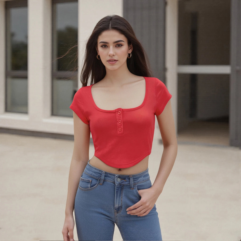 Glorol - Button-Up Scoop Neck Sleeve Slim Top
