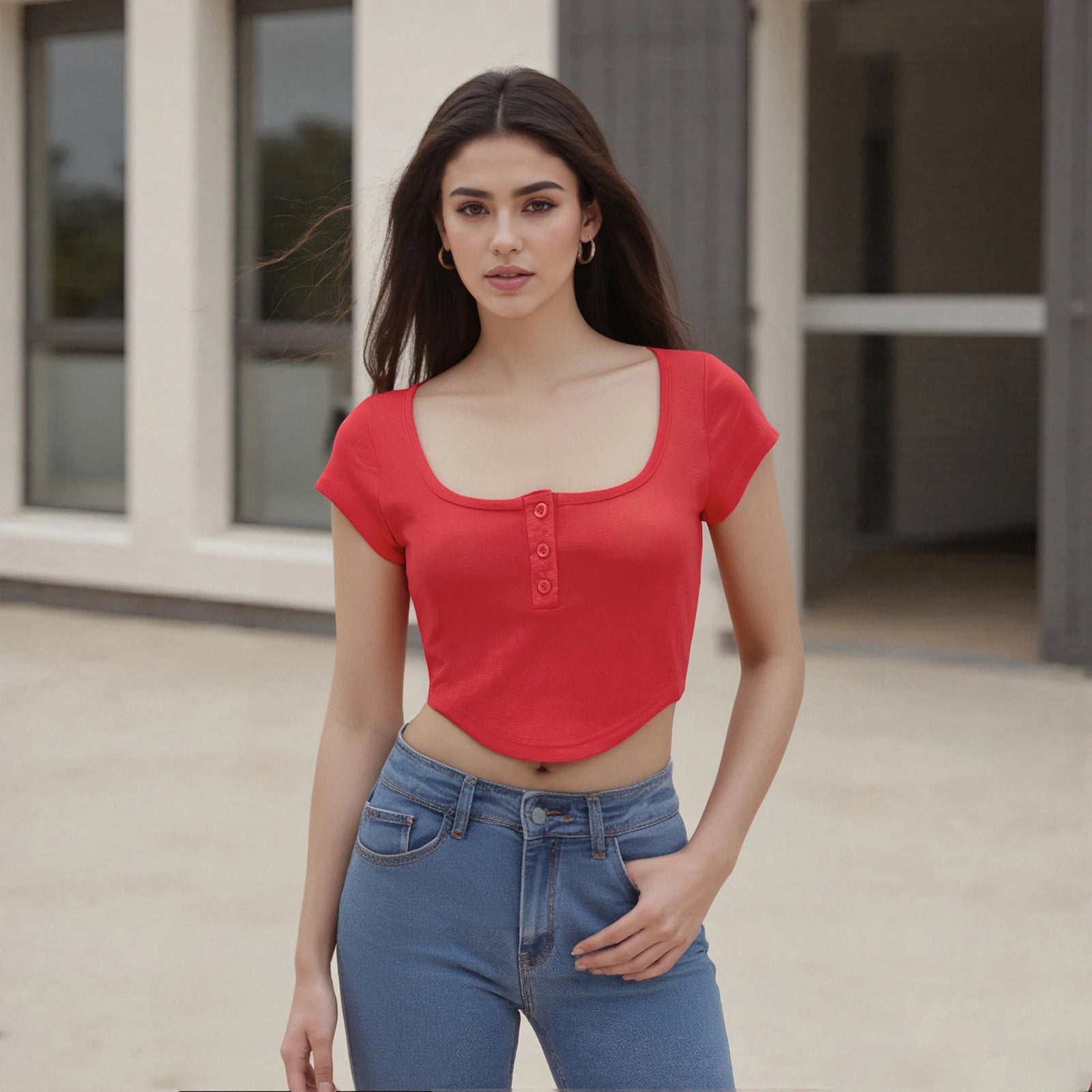 Glorol - Button-Up Scoop Neck Sleeve Slim Top