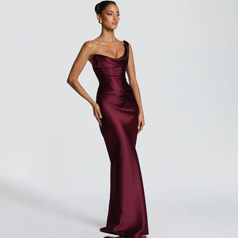 Glorol - One Shoulder Sleeveless Pleated Lace-Up Maxi Dress