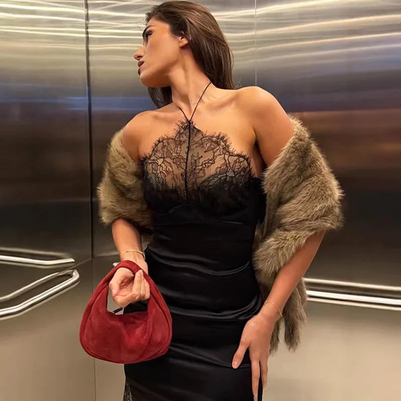 Glorol - Halter Neck Patchwork Backless Mini Dress