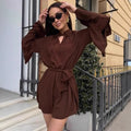 Glorol - Elegant V-Neck Lace Up Pleated Mini Dress
