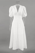 Glorol - Backless Short Sleeve Slim V-Neck High Waist Midi Dress