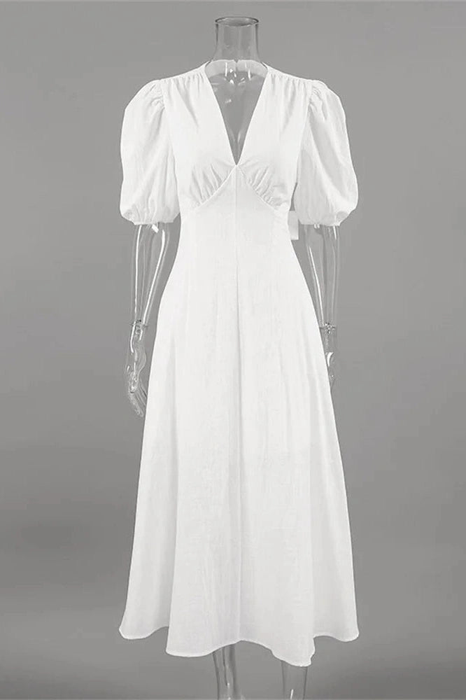 Glorol - Backless Short Sleeve Slim V-Neck High Waist Midi Dress
