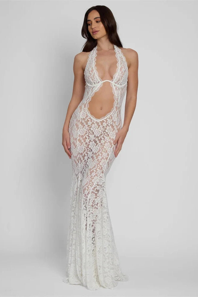 Glorol - Lace Printed Backless See-Through Patchwork Maxi Dress