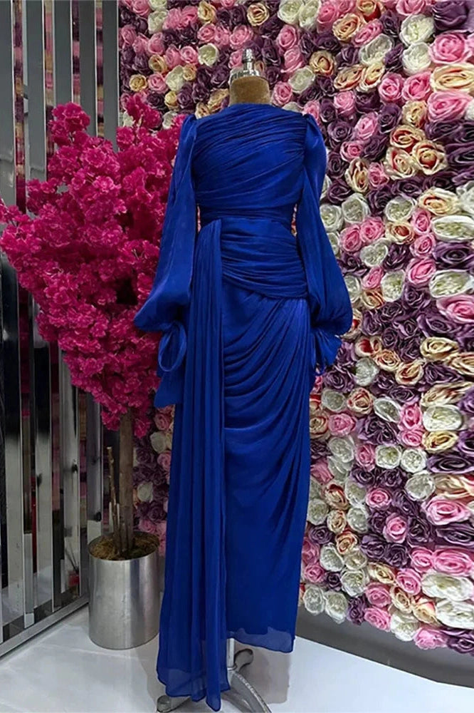 Glorol - Elegant Long Sleeve High Waist Pleated Slim Maxi Dress