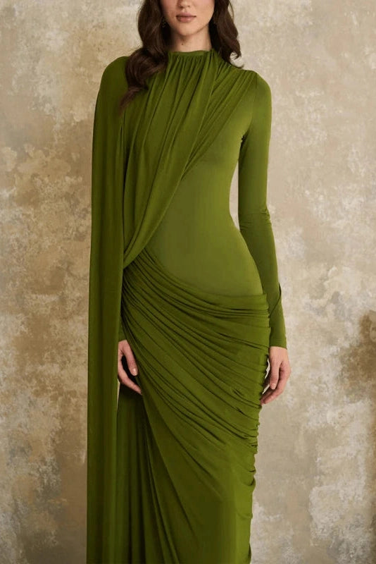 Glorol - Long Sleeve High Waist Slim Pleated Maxi Dress