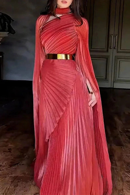 Glorol - Elegant Hollow Out Printed Slit Sleeve High Waist Maxi Dress