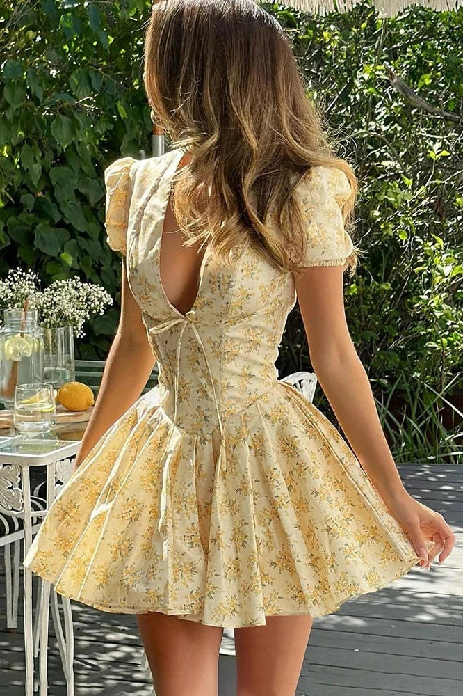 Glorol - Printed Deep V Neck Patchwork Short Sleeve Mini Dress