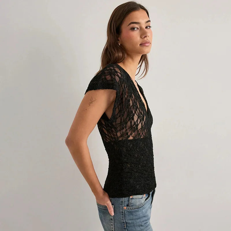 Glorol - Hollow-Out Slim V-Neck Short-Sleeve Top