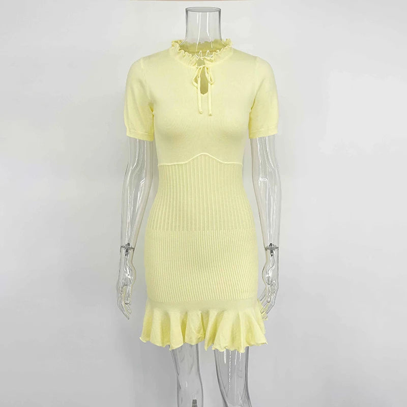 Glorol - Hollow Knitting Lace Up Short Sleeve Mini Dress