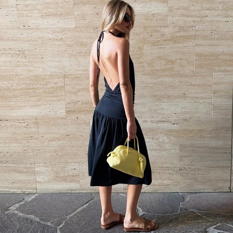 Glorol - Elegant Deep V-Neck Backless Lace Up Midi Dress