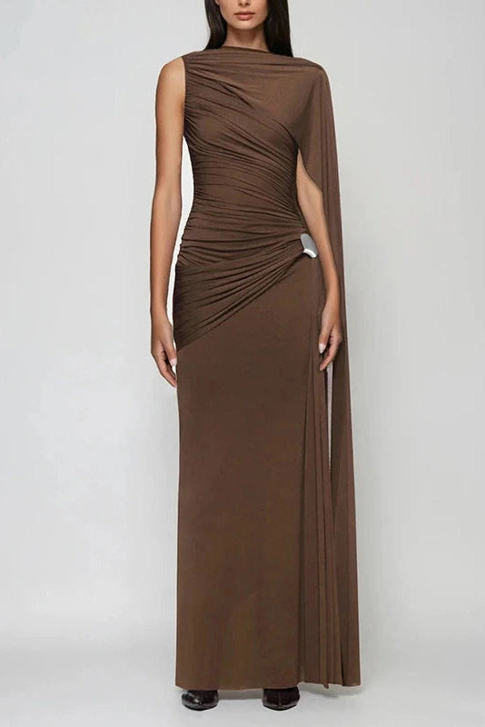 Glorol - Elegant Slim Pleated High Waist Sleeveless Irregular Maxi Dress