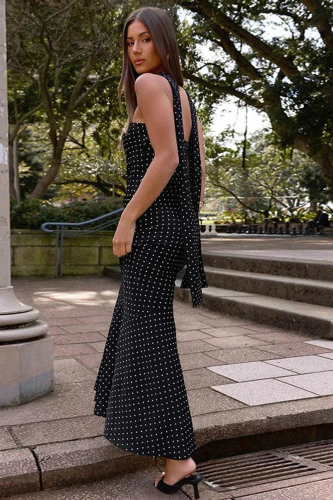 Glorol - Polka Dot Strapless Scarf Collar Off-Shoulder Sleeveless Maxi Dress