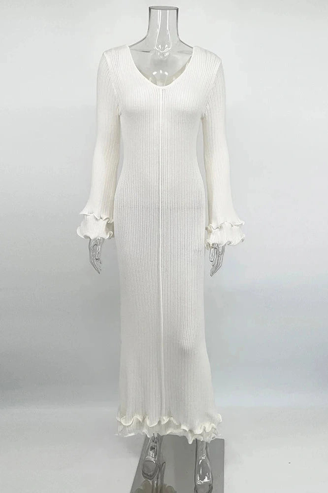 Glorol - Elegant Pleated Knit Lace-Up Long Sleeve Loose Maxi Dress