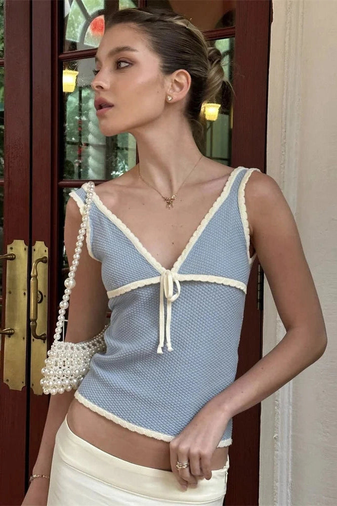 Glorol - Lace-Up Backless V-Neck Slim Top
