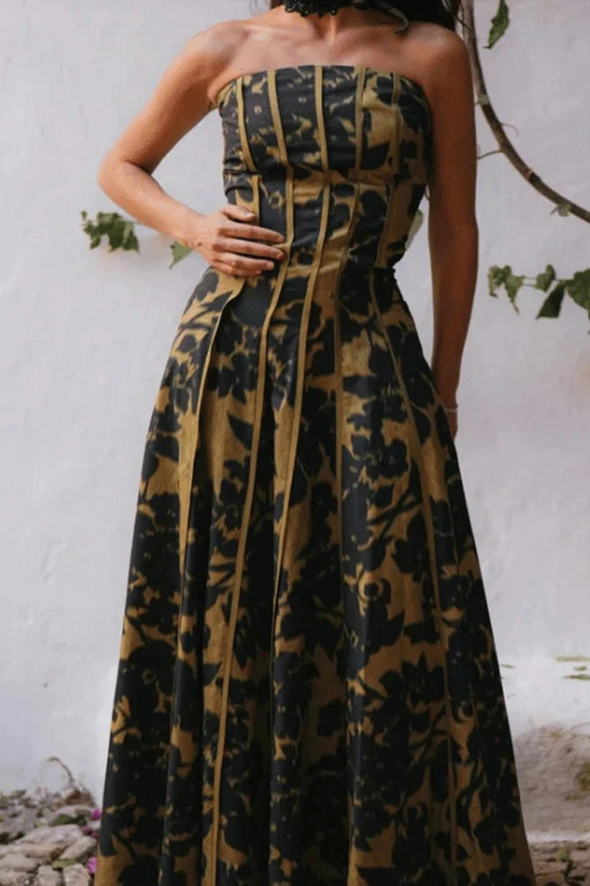 Glorol - Hollow Out High Waist Pleated Sleeveless Printed Maxi Dress