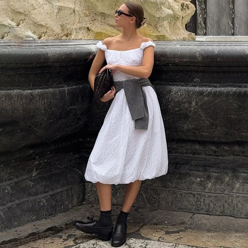 Glorol - Off Shoulder Slim A-line Midi Dress