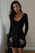 Glorol - V Neck Long Sleeve Single-Breasted High Waist Mini Dress