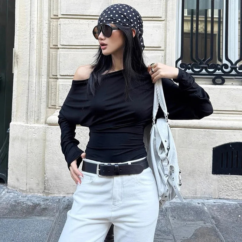 Glorol - Hollow Out Pleated Slim Long Sleeve Top