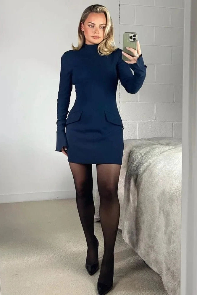 Glorol - Patchwork High Waist Long Sleeve Slim Mini Dress