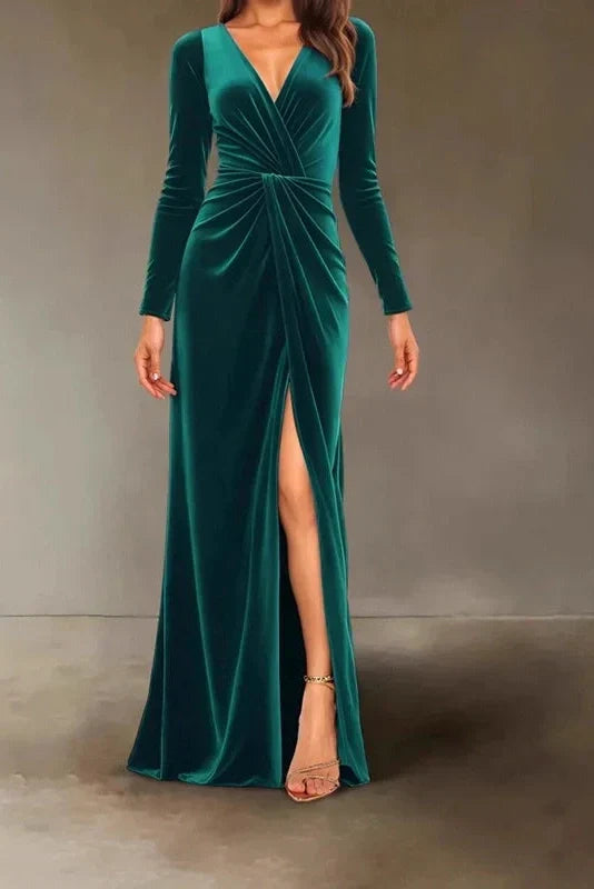 V-Neck Slim High Waist Pleated A-Line Maxi Dress