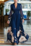 Glorol - Floral Print High Waist V-Neck Long Sleeve Pleated Maxi Dress