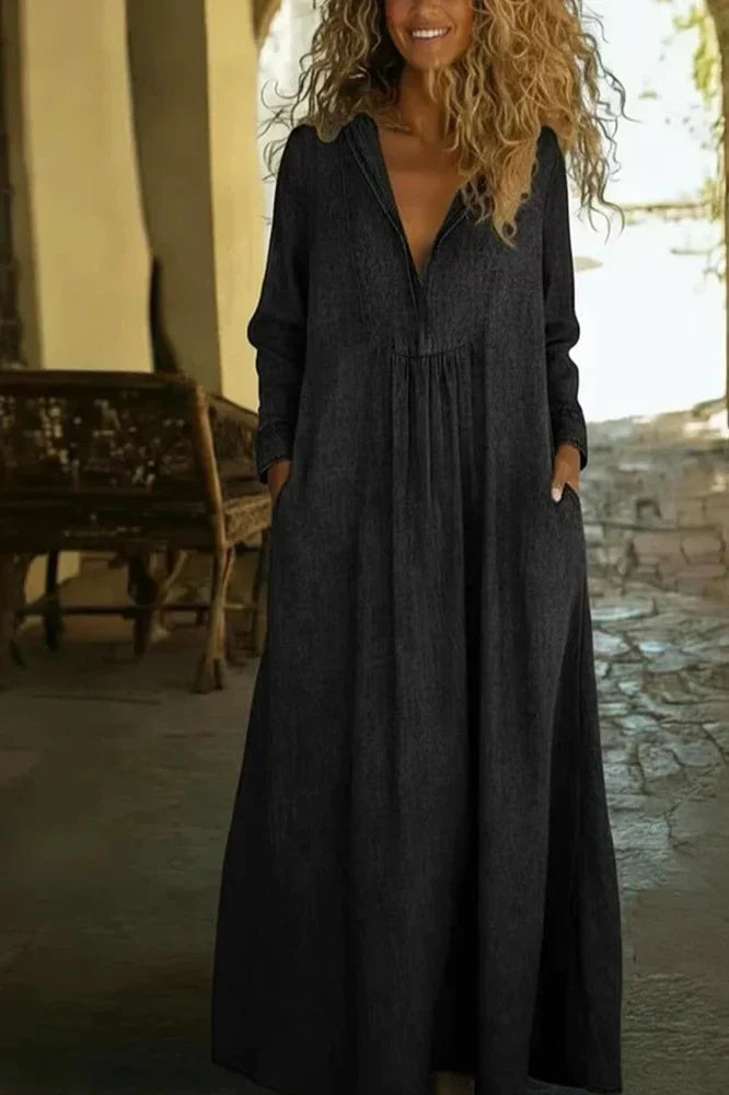 V-Neck Long Sleeve Loose Pleated Maxi Dress