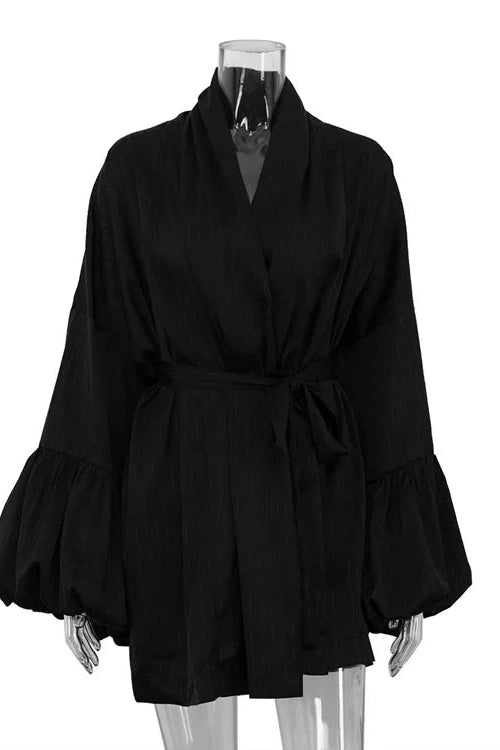 Glorol - Puff Sleeve Lace-Up Striped Loose V-Neck A-Line Mini Dress