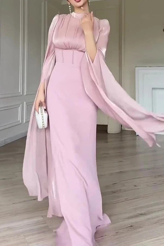 Glorol - Elegant O-Neck Split Sleeve Slim Pleated High Waist Maxi Dress