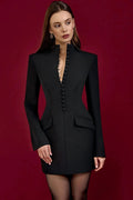 Glorol - Long Sleeve Single-Breasted Turtleneck Mini Dress