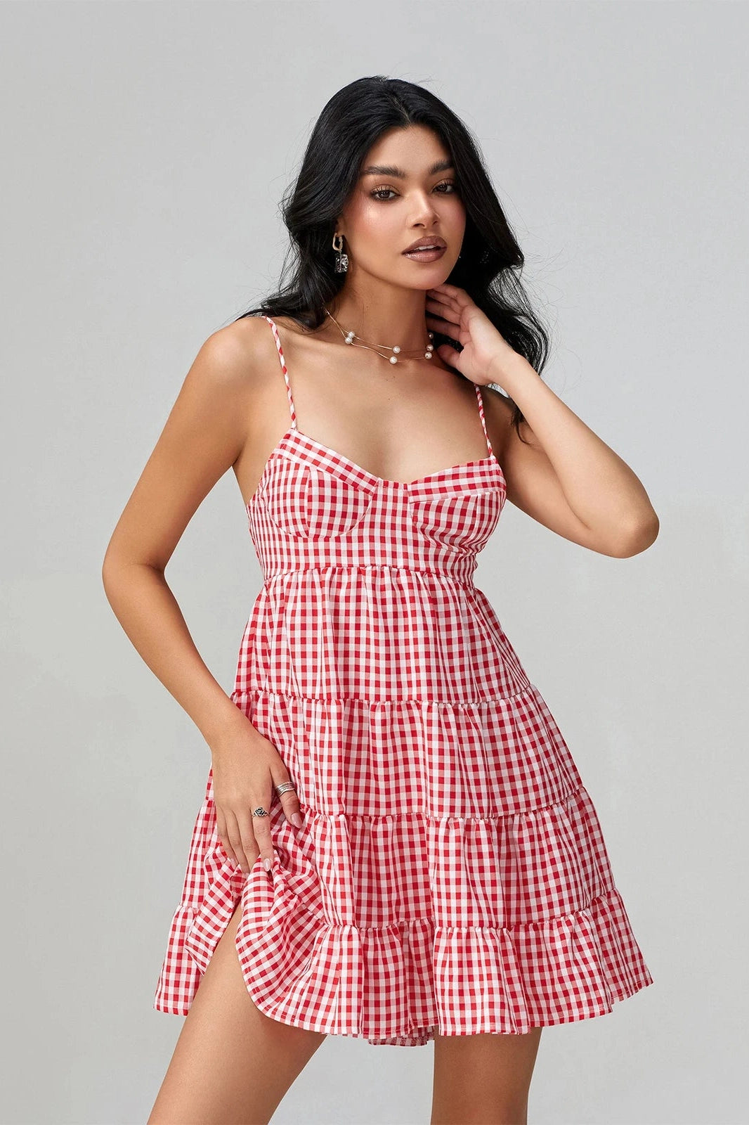 Glorol - Spaghetti Strap Plaid Mini Dress