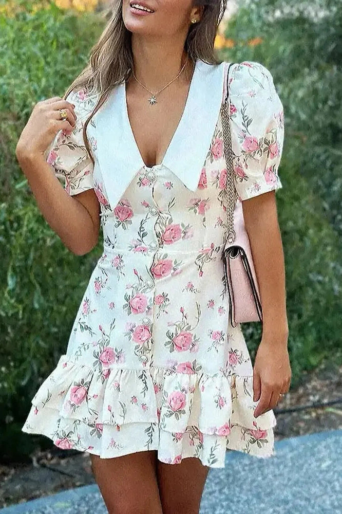 Glorol - Printed Short Sleeve Patchwork Bodycon Mini Dress