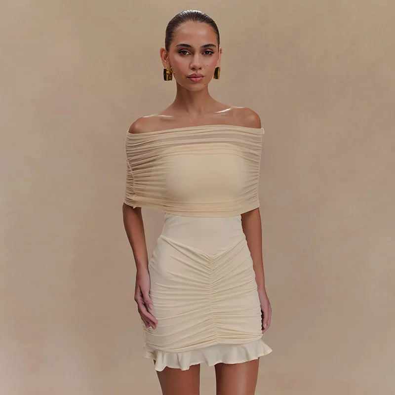 Glorol - Pleated Strapless Sleeveless Slim Mini Dress