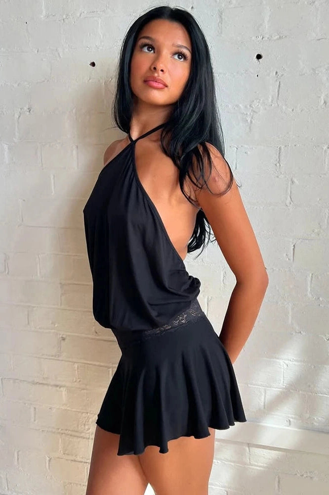 Glorol - Backless Lace Patchwork Sleeveless Pleated Mini Dress