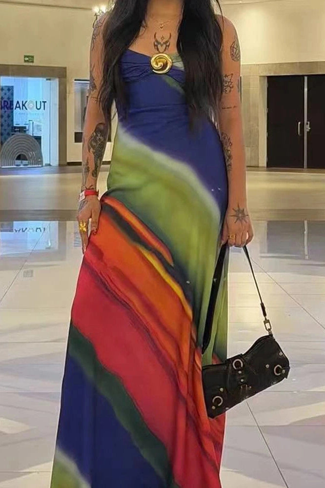 Glorol - Elegant Printed Sleeveless Slim V-Neck Backless Maxi Dress