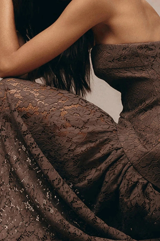 Glorol - Hollow Out Off-Shoulder Lace Pleated High Waist Maxi Dress