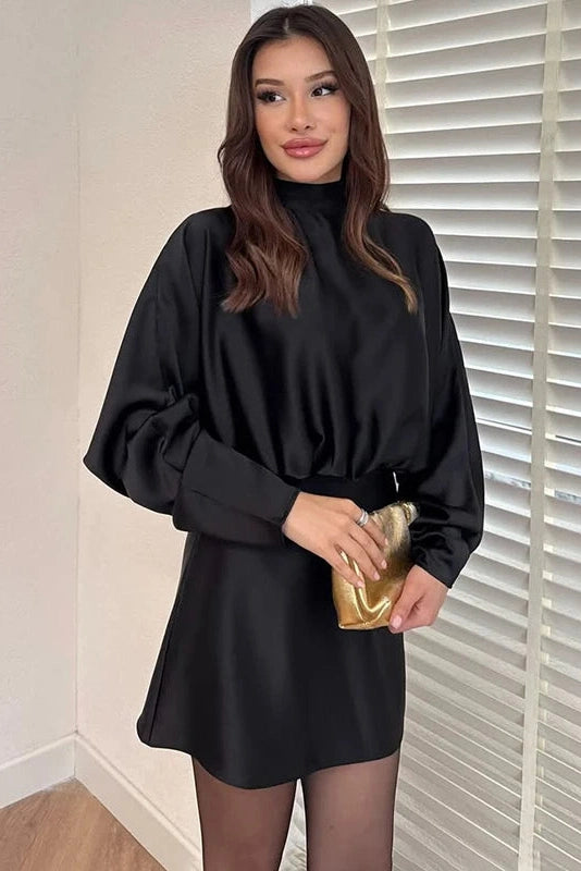 Glorol - Elegant Lace-Up Loose Long Sleeves Mini Dress