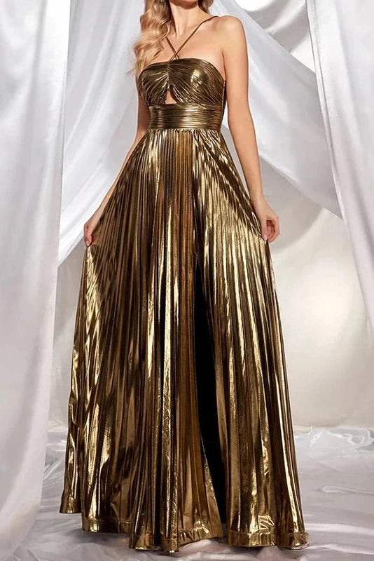 Glorol - Hollow Out High Waist Sleeveless Pleated Backless Maxi Dress