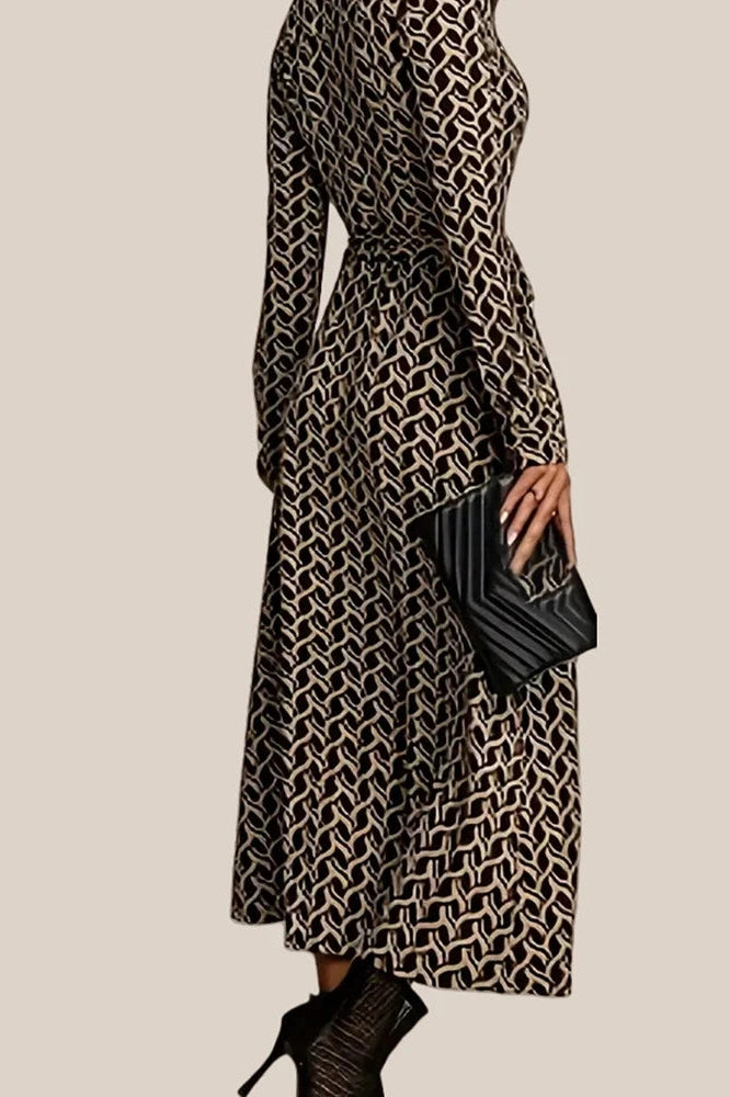 Glorol - Printed High Waist Long Sleeve Pleat Midi Dress