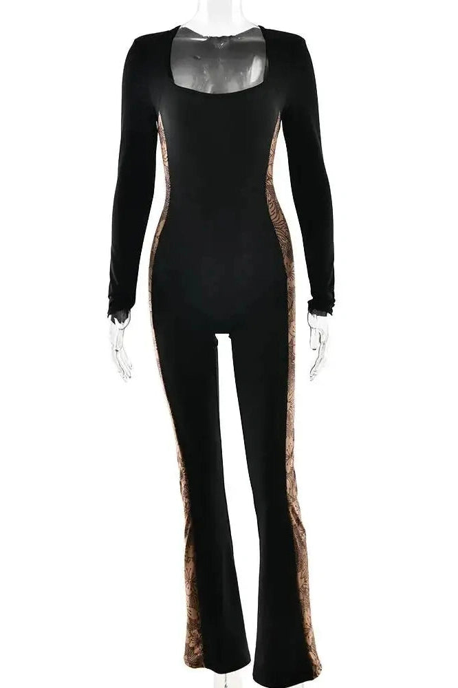 Glorol - Patchwork Long Sleeve High Waist Jumpsuit
